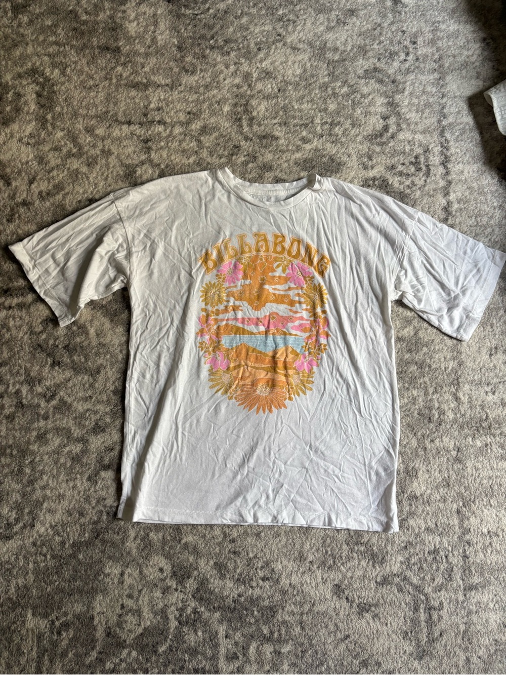 Billabong White Short Sleeve Tee with Tropical Orange, Pink & Blue Graphic